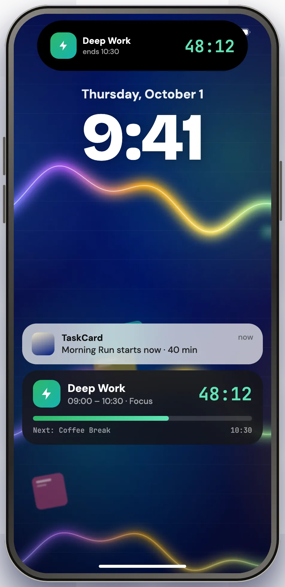 iPhone 잠금 화면과 Dynamic Island에서 시간 블록을 카운트다운하는 TaskCard 실시간 활동