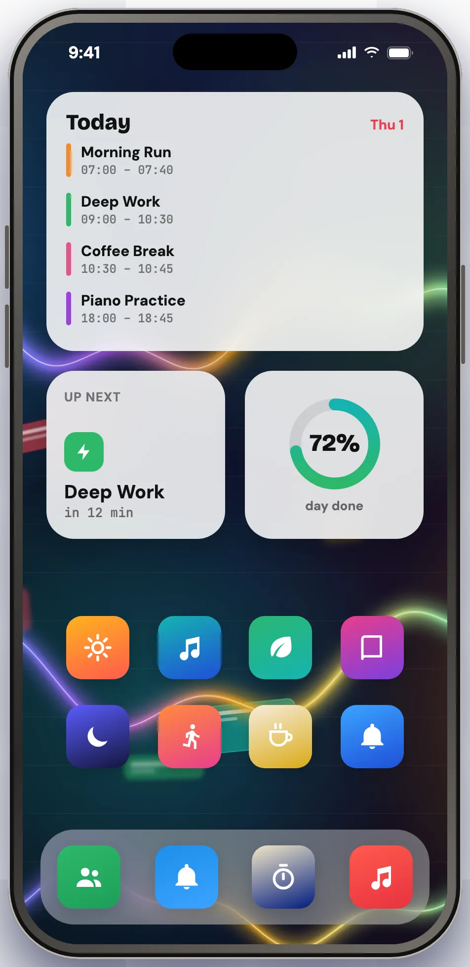 오늘의 시간 블록과 미니 타임라인을 보여 주는 iPhone 홈 화면의 TaskCard 위젯